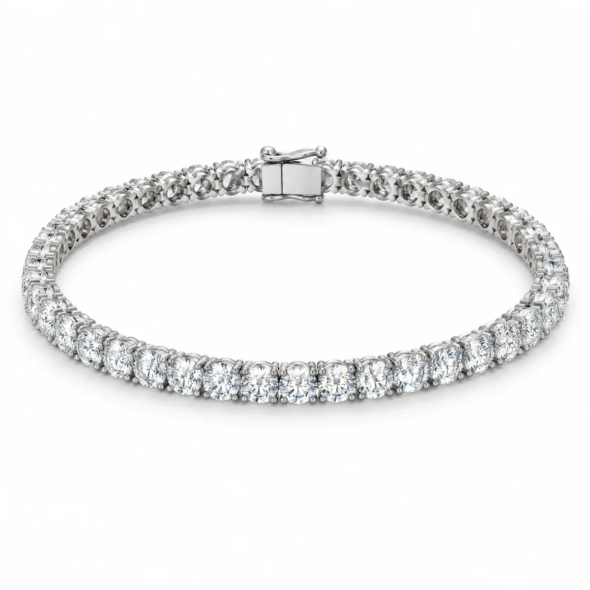 Classic tennis bracelet: A continuous line of round brilliant diamonds in four-prong 18k white gold settings